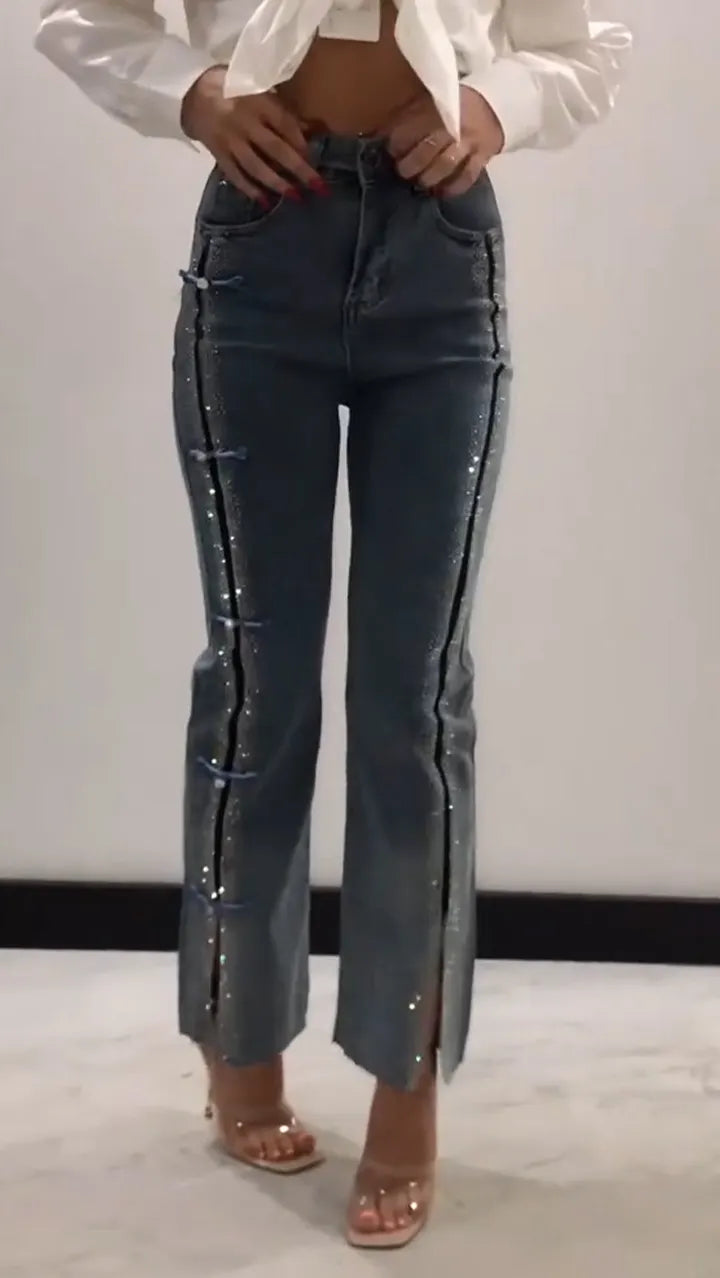 Women's Jeans with Rhinestone Slits and Buttons