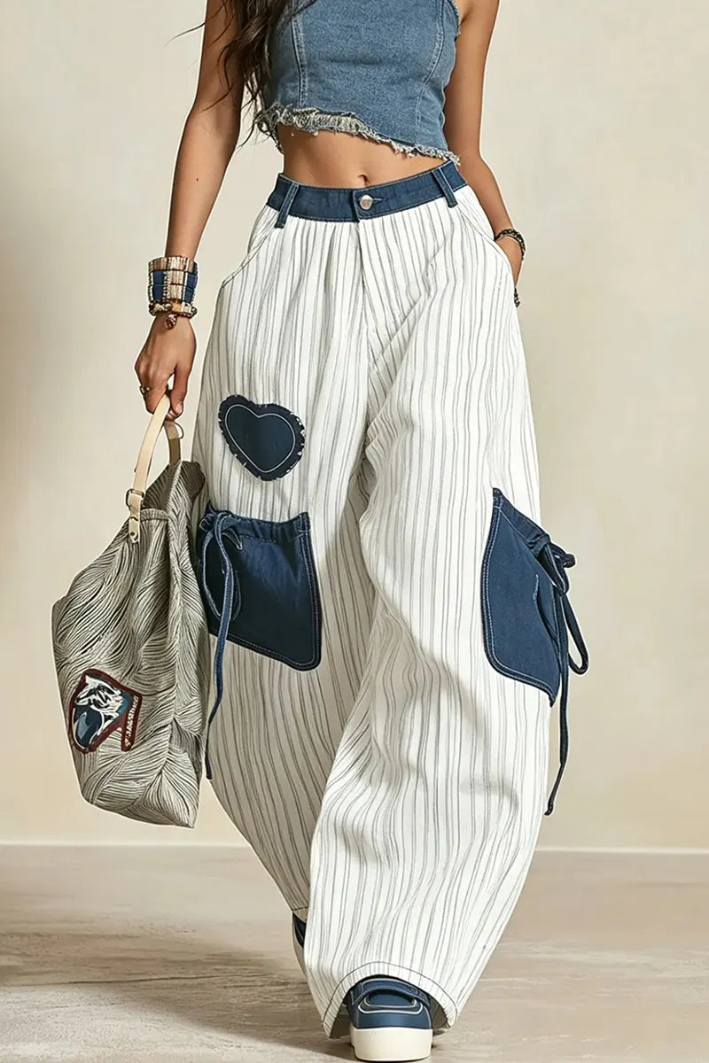 Women's Casual Color Blocked Wide Leg Jeans With Pockets And Drawstring