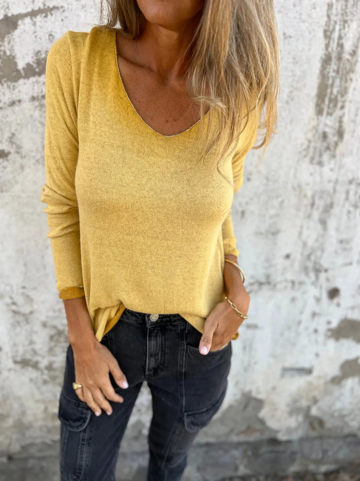 Women U-neck Solid Color Casual Top
