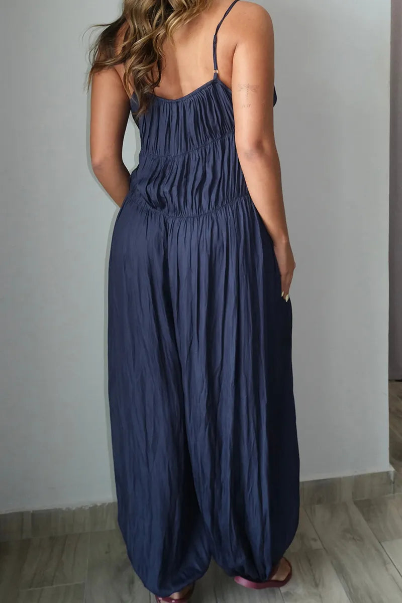 Women's Casual Loose Fit Denim Jumpsuit With Spaghetti Straps And Cuffed Hems