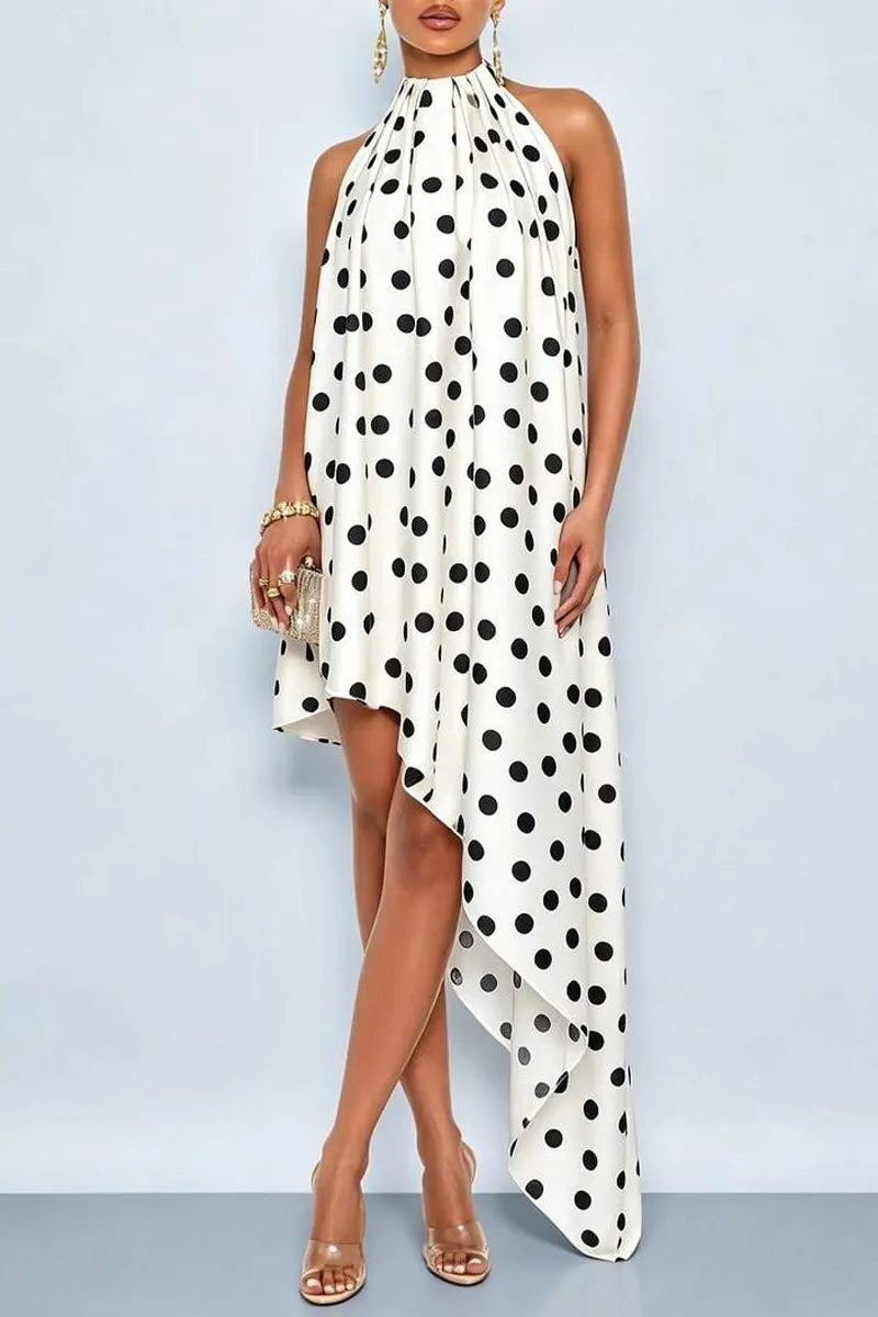 Women's Neck Hanging Sleeveless Polka Dot Print Irregular Elegant Temperament Dress