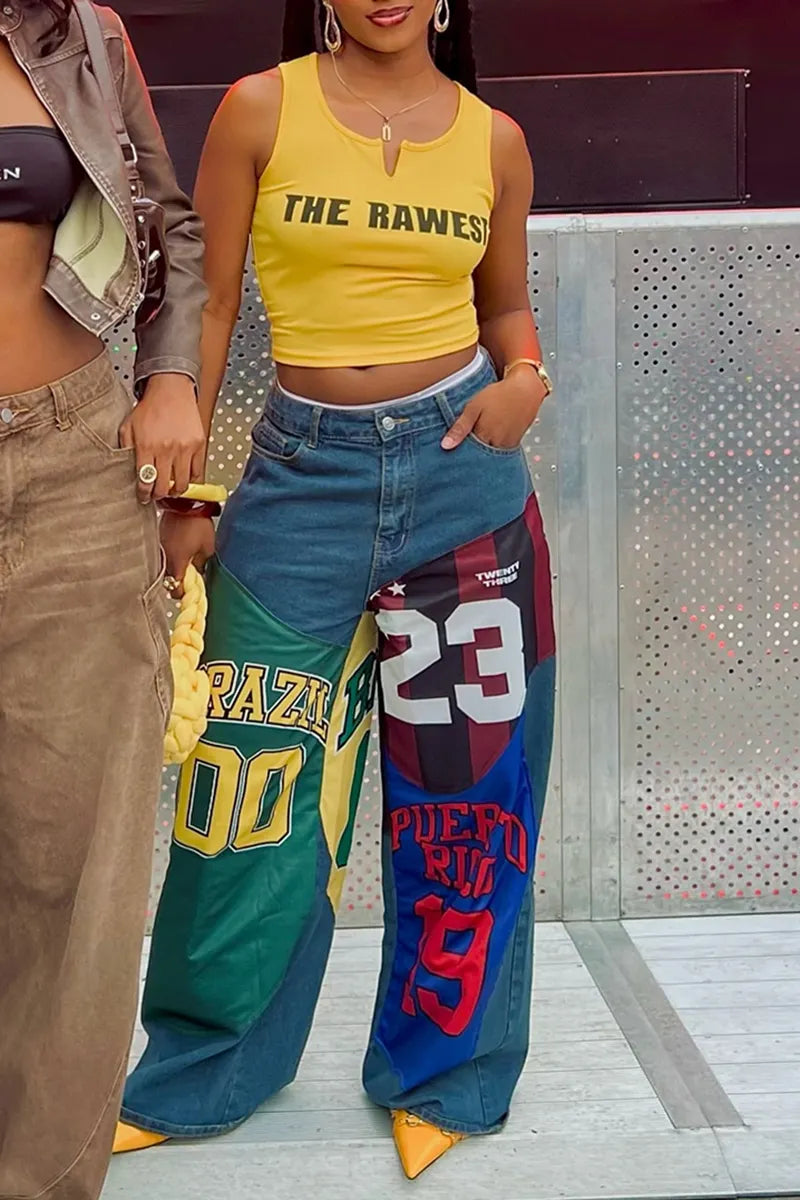 Women's Fashion Letter Print Color-Block Wide Leg Jeans