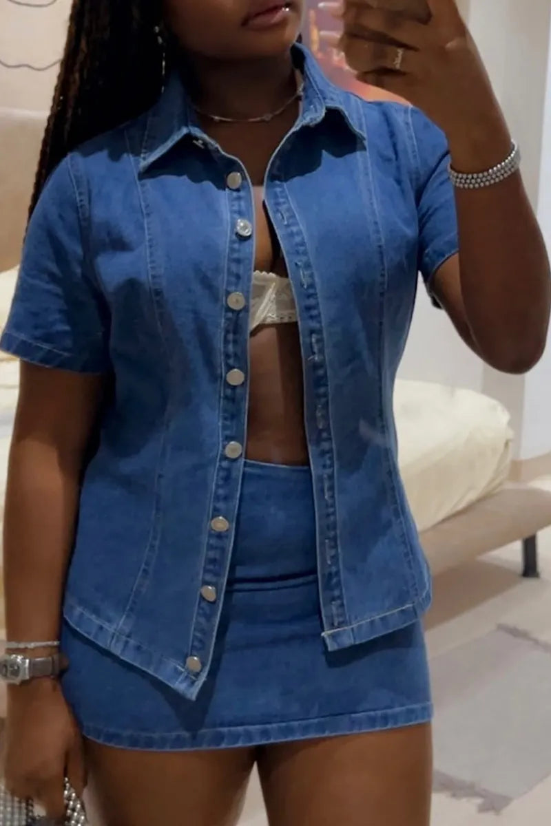 Women's Slim Fit Short Sleeve Point Collar Denim Button Shirt Or High Waist Stretch Denim Bodycon Mini Skirt