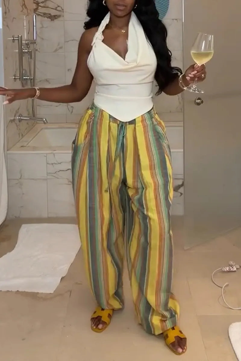 Women's Halter-neck Irregular Tops or Colorful Contrasting Casual Pants