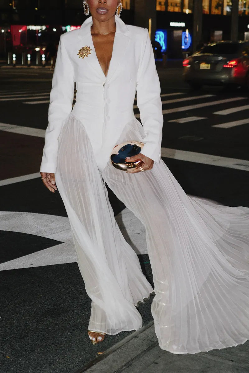 Women's Collar Patchwork Pleated Transparent Sheer Elegant Temperament Jumpsuit