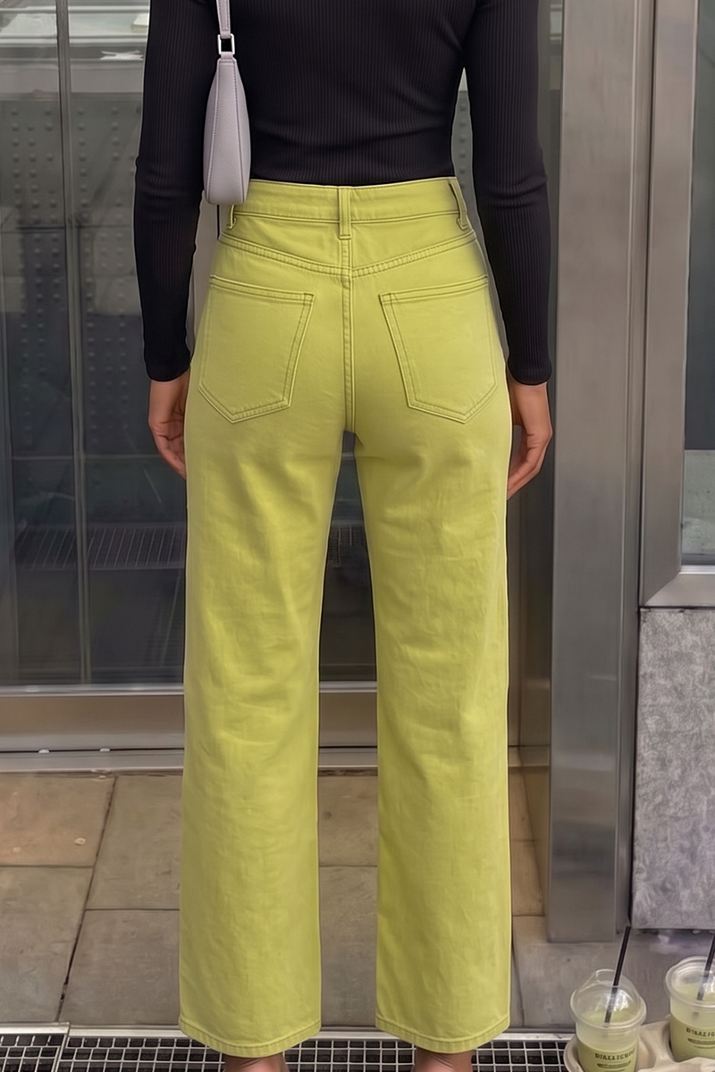 Women's Rhinestone Striped Wide Leg Jeans High Waisted Lime Green Glitzy Denim Pants
