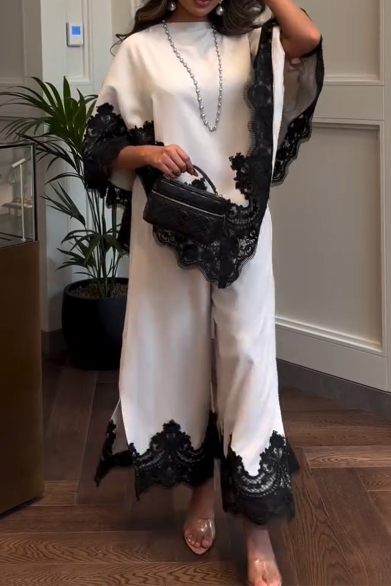 Women's Round Neck Patchwork Lace Patterned Top+ Wide Leg Pants Elegant Temperament Set
