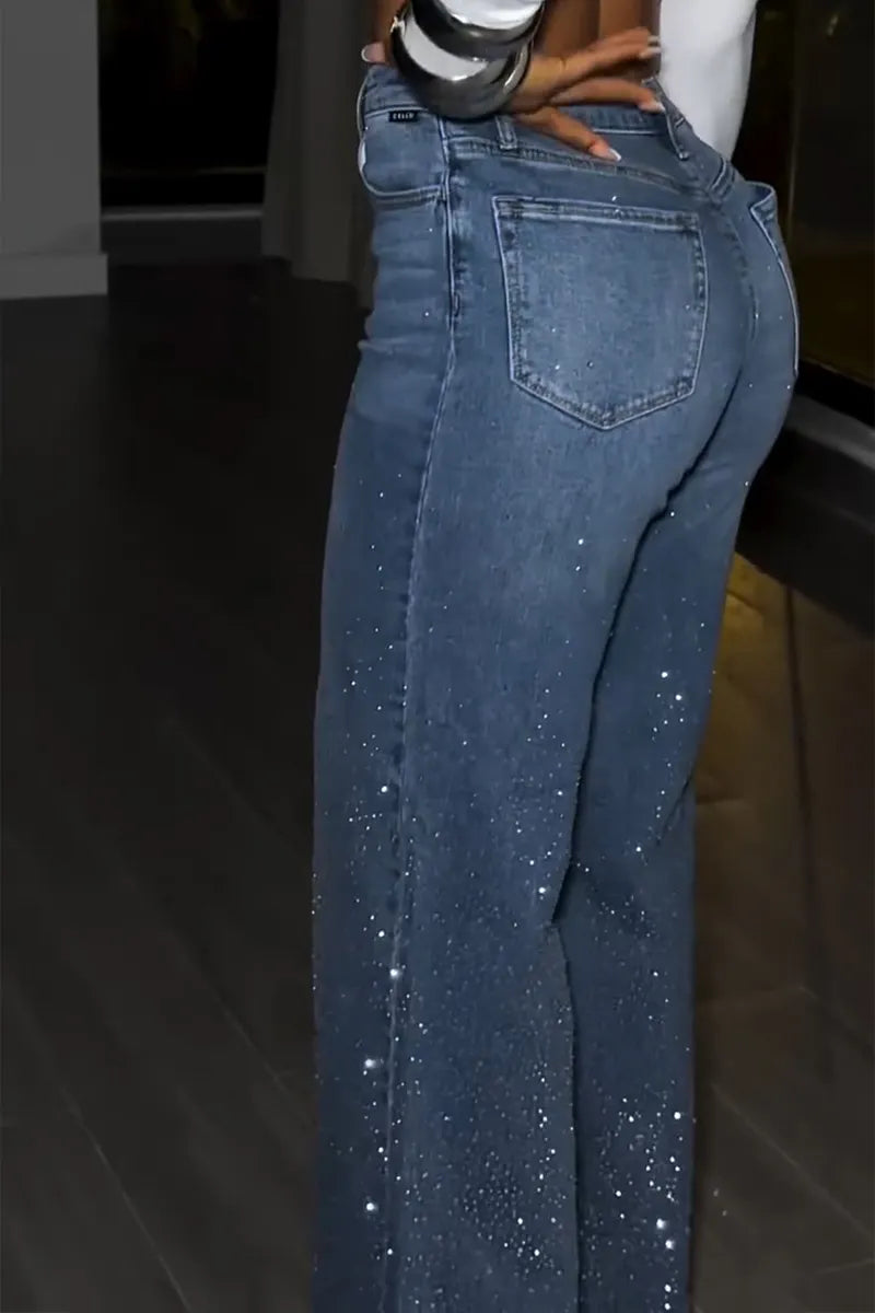 Women's Fashion Rhinestone Trim Wide Leg Jeans