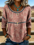 Women's Vintage Floral Print Casual Hollow-Out Denim Shirt