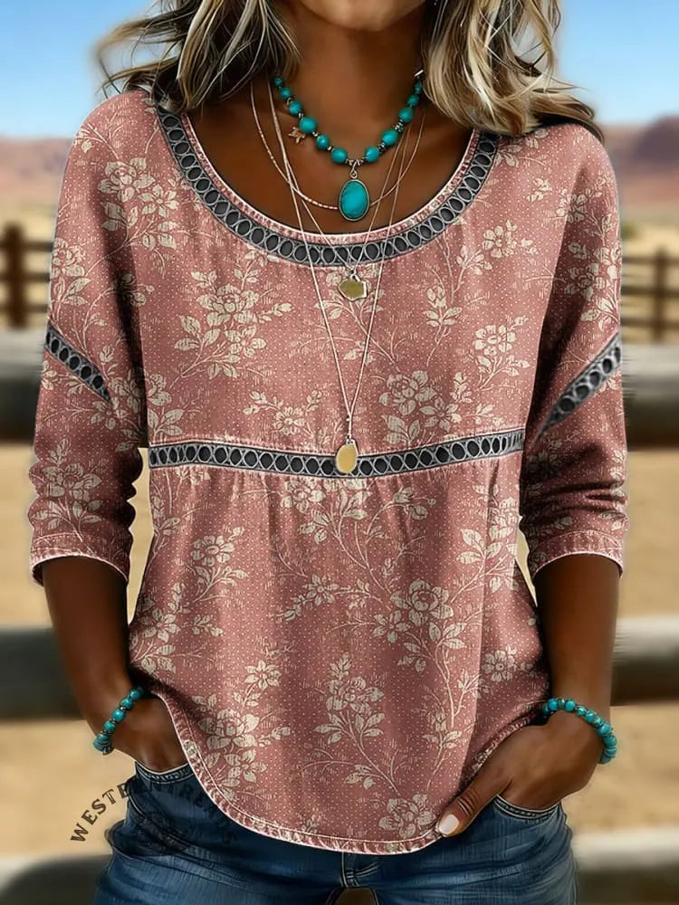 Women's Vintage Floral Print Casual Hollow-Out Denim Shirt