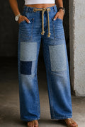 Women High Waist Patchwork Straight Jeans with Braided Drawstring