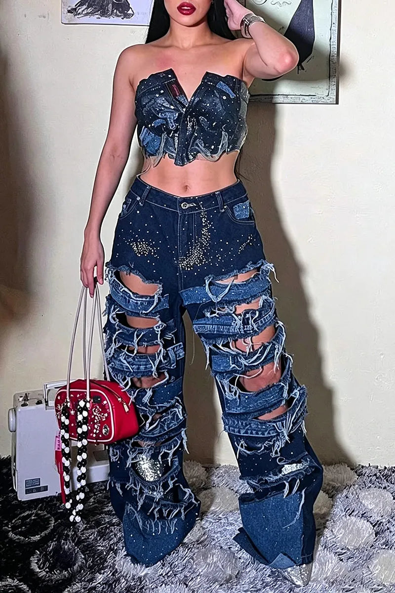 Women's Street Bustier or Ripped Panel Foil Print Jeans