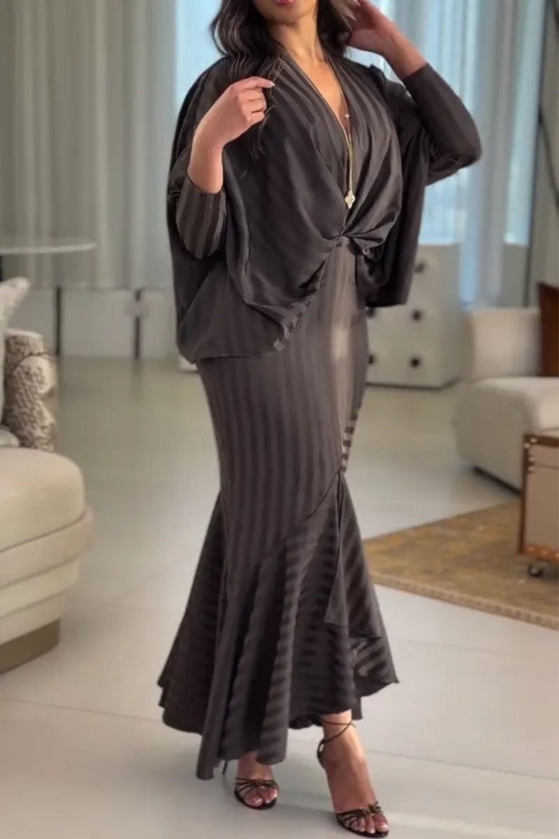 Women V-neck Vertical Stripe Top + Hip Hugging Half Skirt Elegant Temperament Set