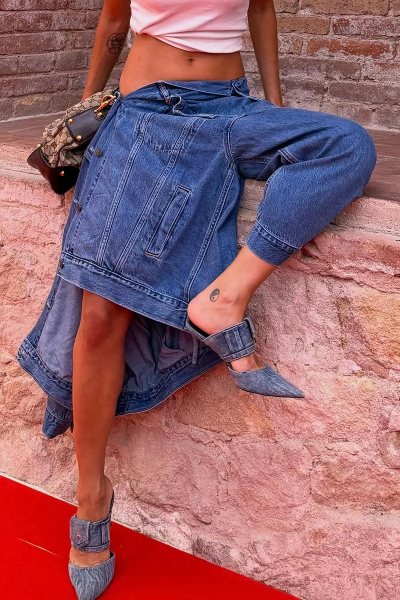 Women Wrap Tie Waist Irregular Patchwork Denim Cropped Jogger Jeans Asymmetric Split Baggy Capri