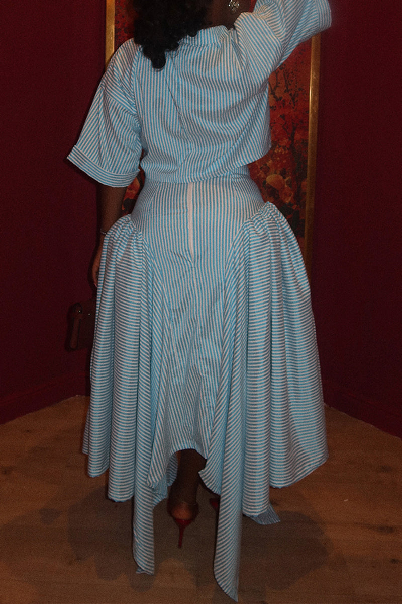 Women's Casual Stripe Top Asymmetric Hem Skirt Two-Piece Set