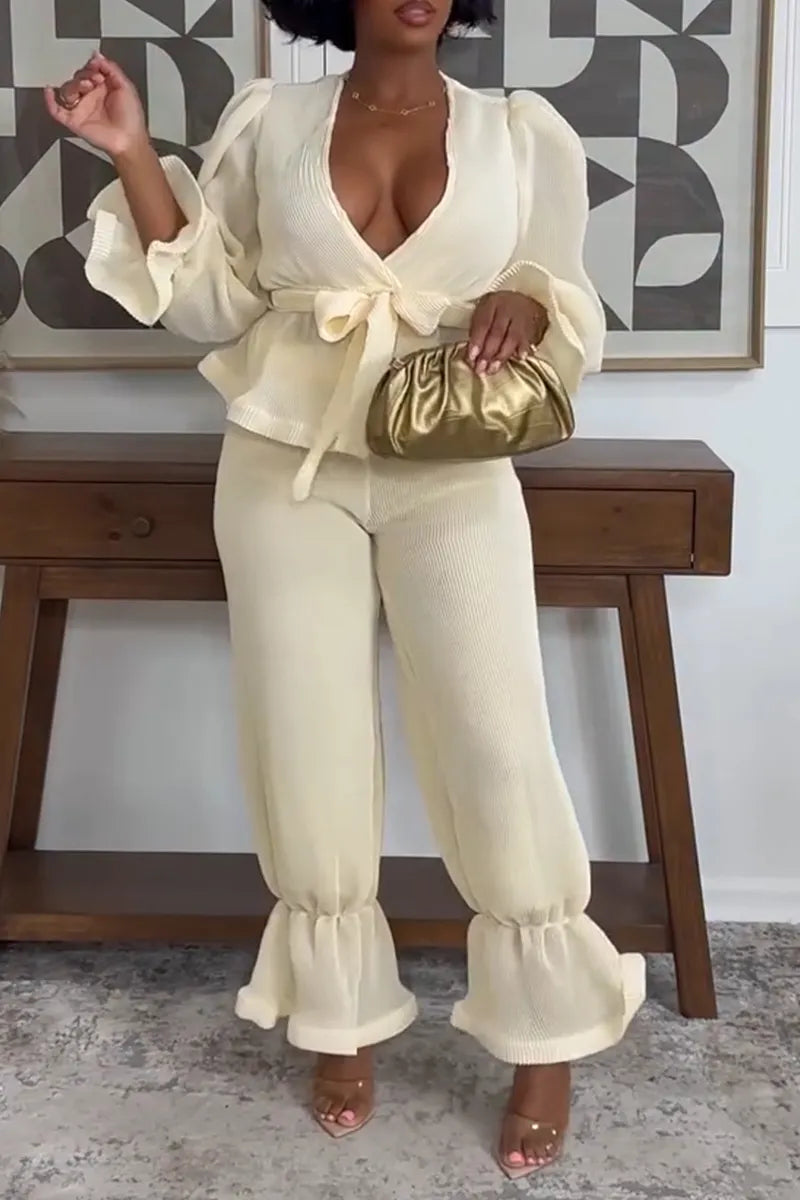 Women's Deep V-neck Tied Top and Pants Elegant Casual Suit