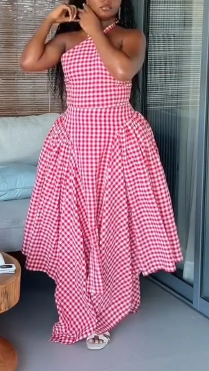 Women Neck Cinched Waist Plaid Print Irregular Elegant Casual Dress