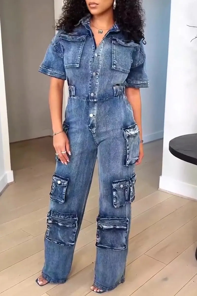 Women's Street Fashion Short-Sleeve Cargo Denim Jumpsuit