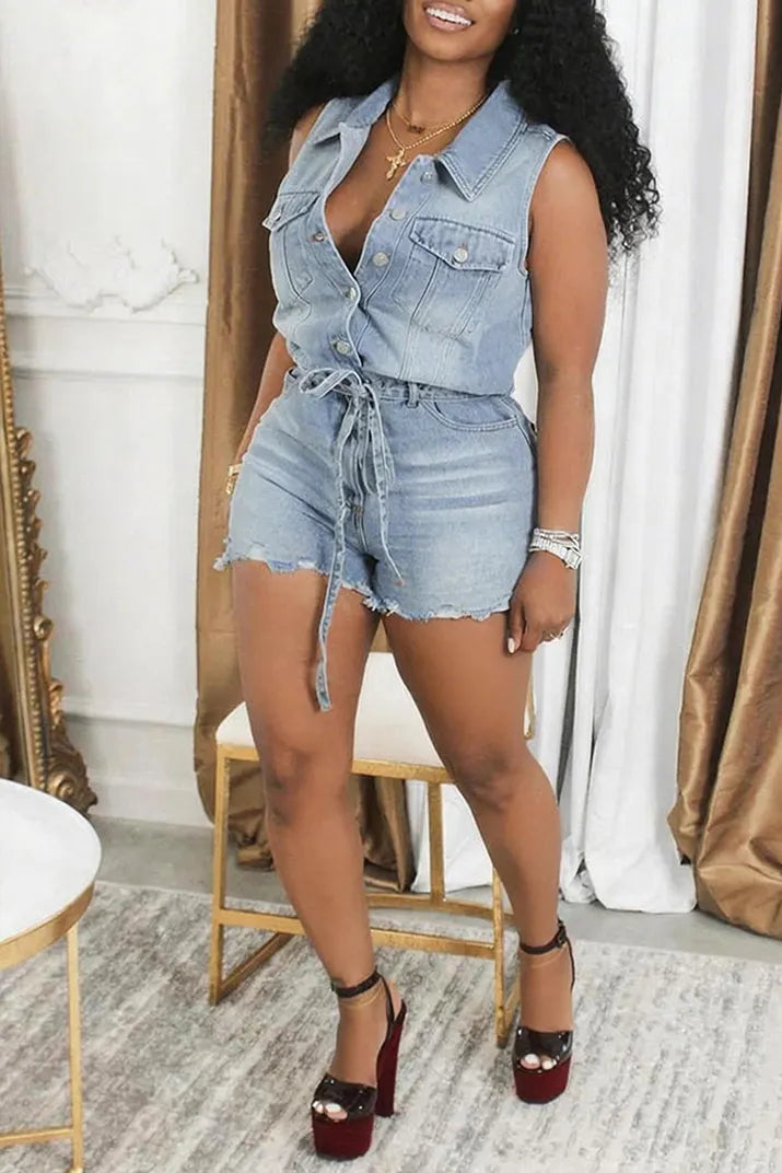 Women's Casual Lapel Sleeveless Cropped Denim Jumpsuit