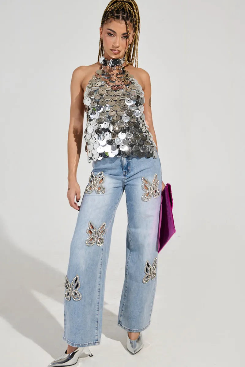 Elegant Crystal Butterfly Accent High-Waisted Jeans