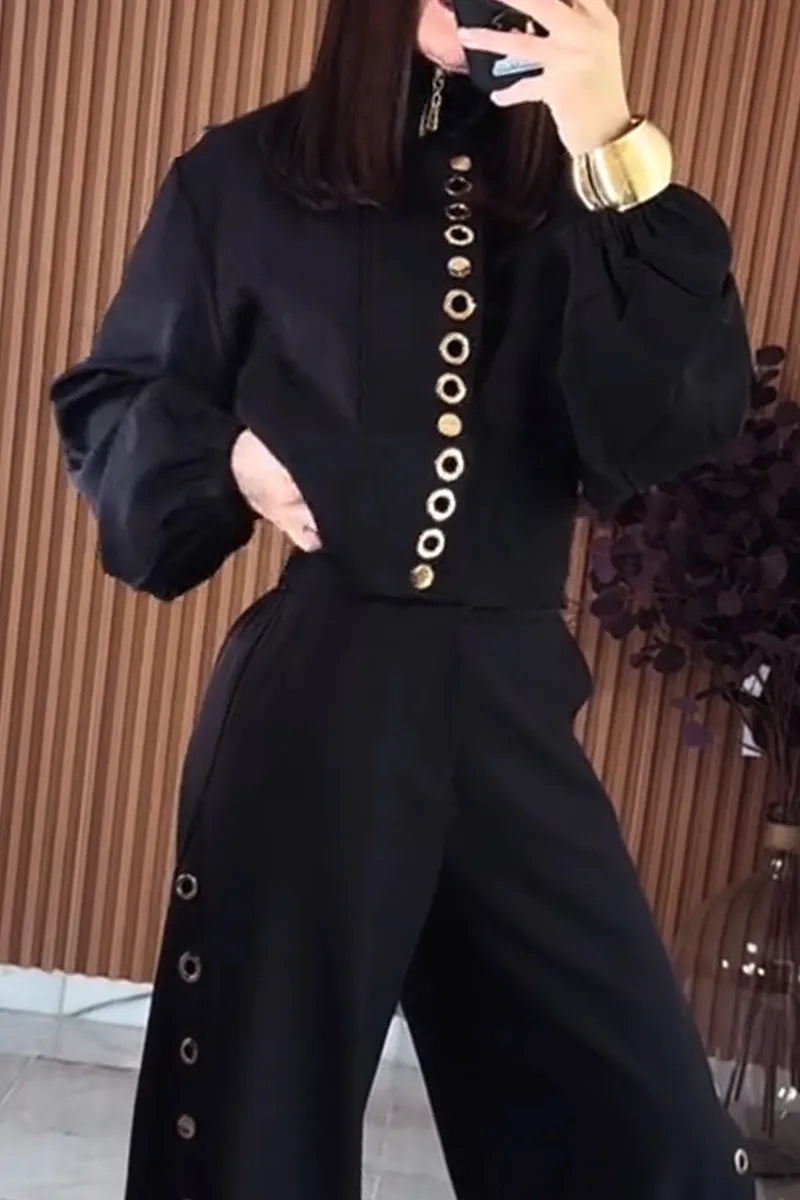 Women's Round Neck Metal Hollow Jacket+ Pants Temperament Casual Suit