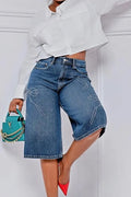 Women's High Waist Bow Embroidery Wide Leg Capri Denim Culottes