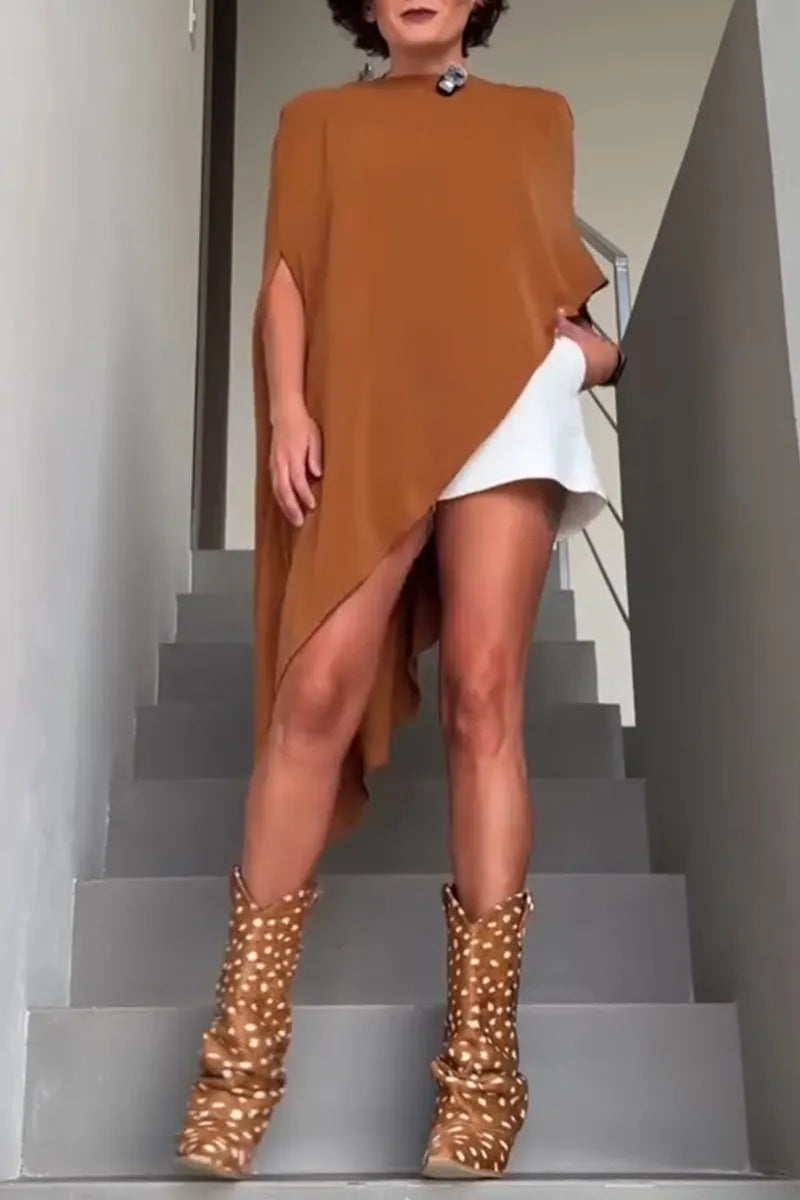 Women Round Neck Irregular Solid Color Long Top