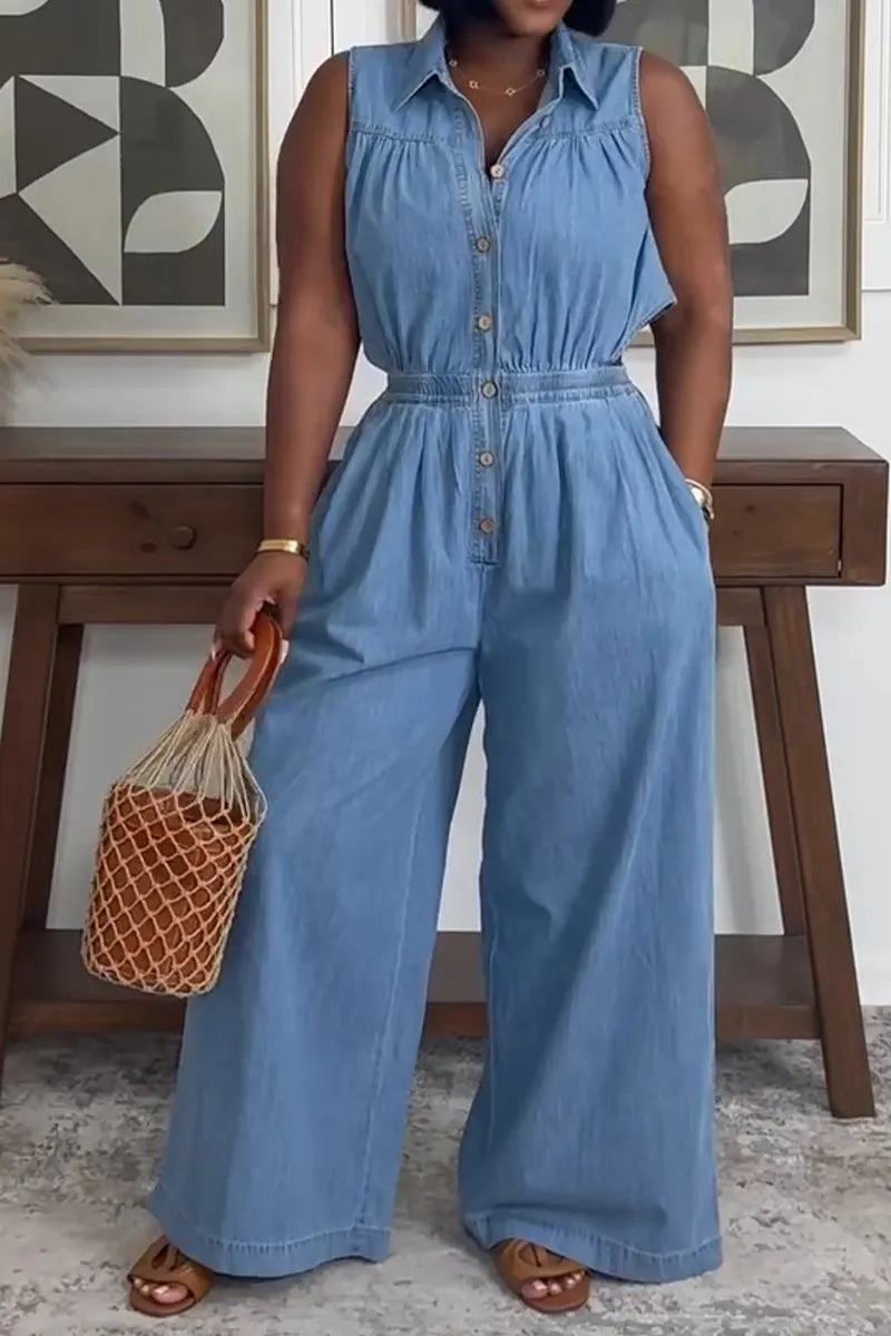 Women's Casual Sleeveless Wide Leg Denim Jumpsuit