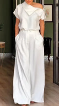 Women Collar Zipper Tassel Top + Wide Leg Pants Casual Set with Temperament