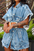 Women Casual Bleach Wash Fringe Hem Pocket Denim Shirt Dress