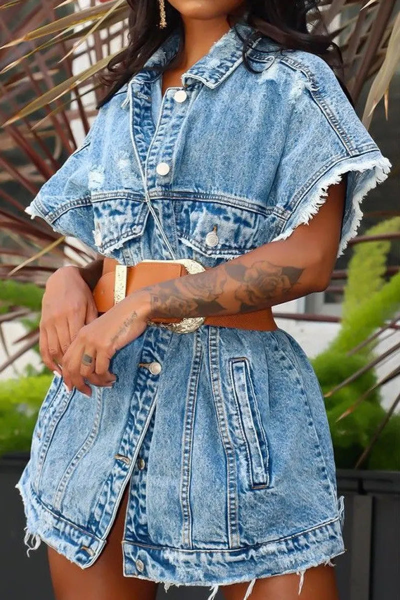 Women Casual Bleach Wash Fringe Hem Pocket Denim Shirt Dress