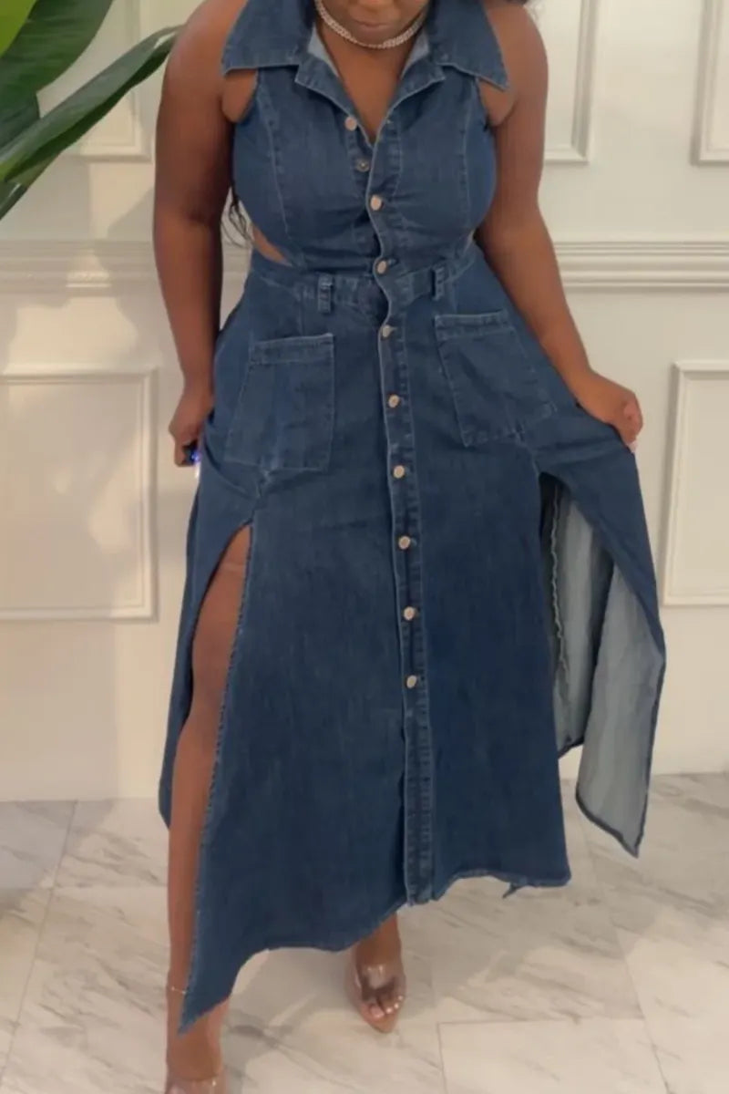 Women's Fashion Streetwear Style Denim Halter Neck Open Front Maxi Dress