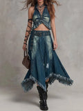Denim Backless Top And Fringed Midi Skirt Set
