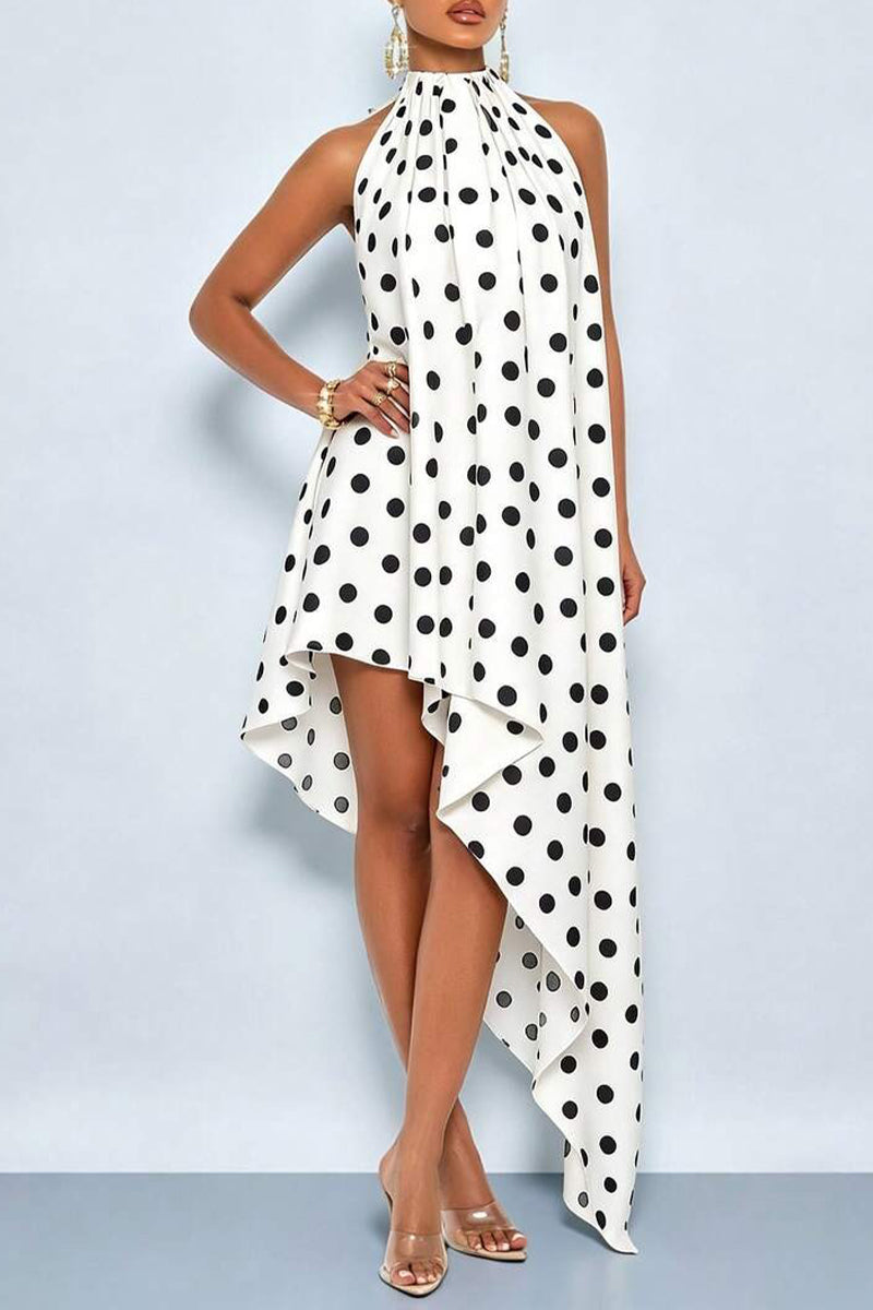 Women's Neck Hanging Sleeveless Polka Dot Print Irregular Elegant Temperament Dress