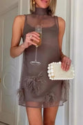 Women's Inner Strap Dress+Perspective Splicing Tassel Dress Elegant and Casual Two Piece Set