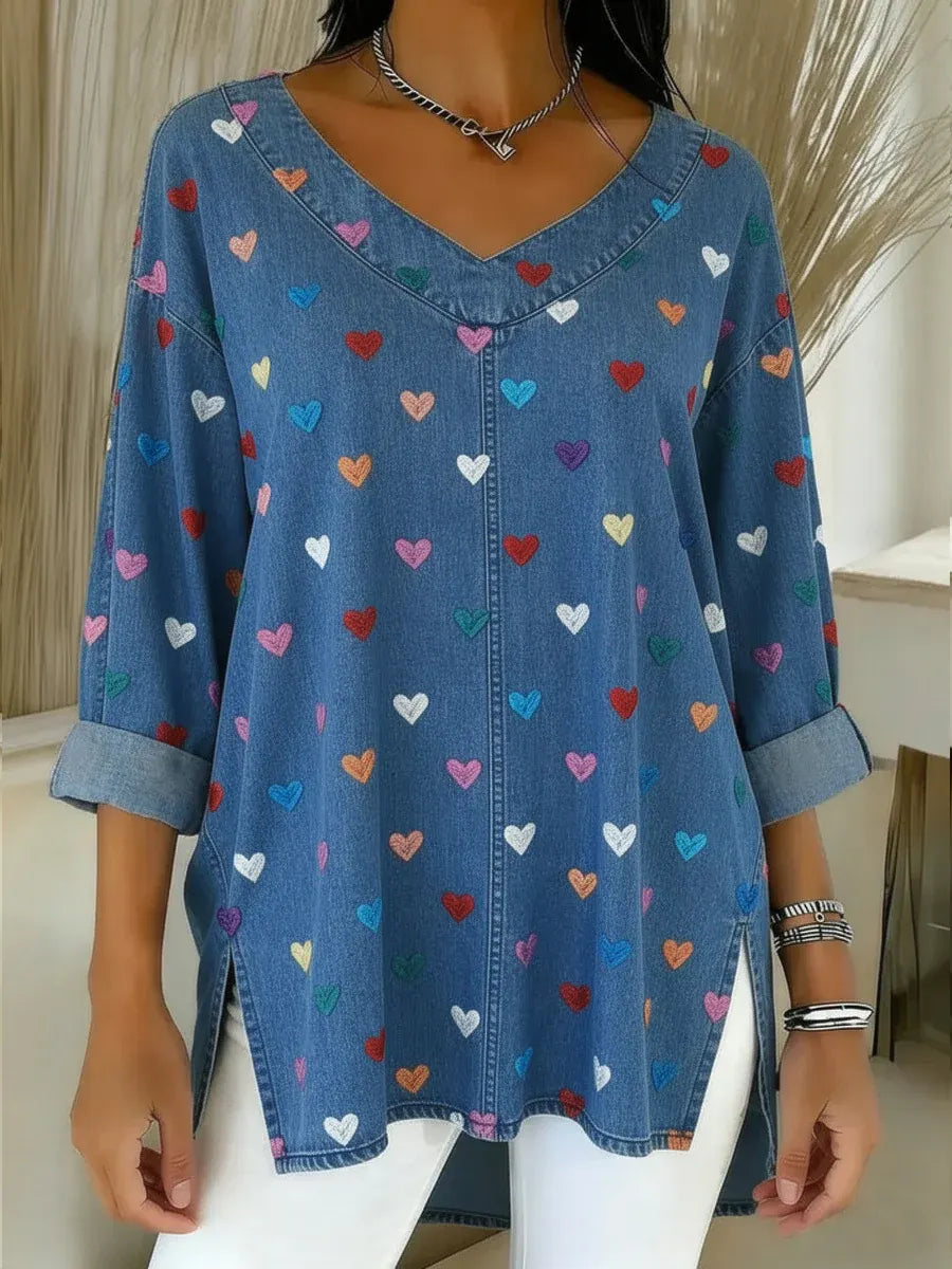 Women's Heart Casual Washed Denim Cotton Top