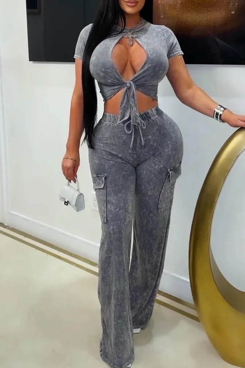 Women's Wash Effect Keyhole Tie-Front Crop Top Or Cargo Pocket Wide Leg Pant