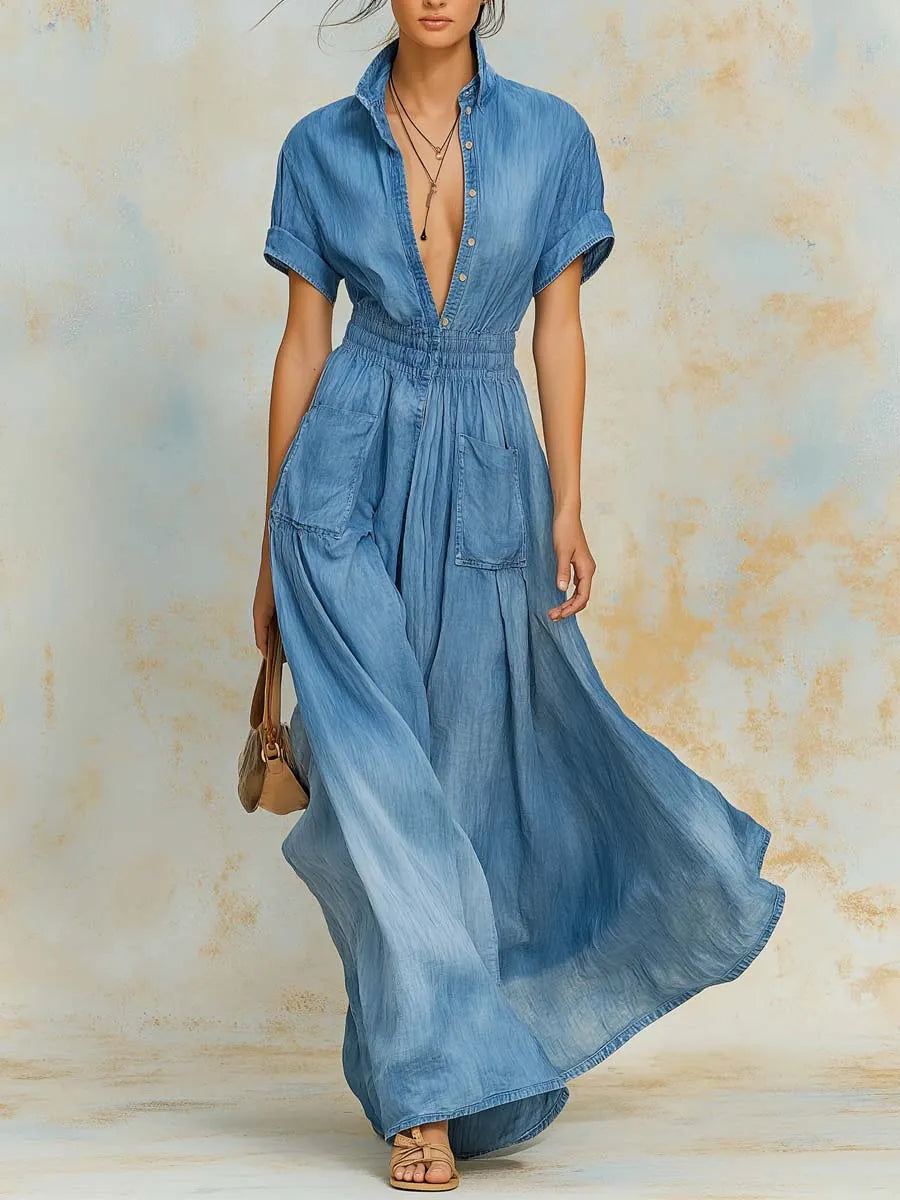 Women's Casual Art Stylish Short Sleeve Denim Maxi Dress