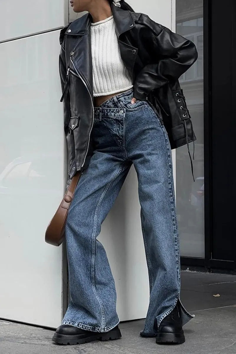 Women's Unique Misaligned Waist Jeans
