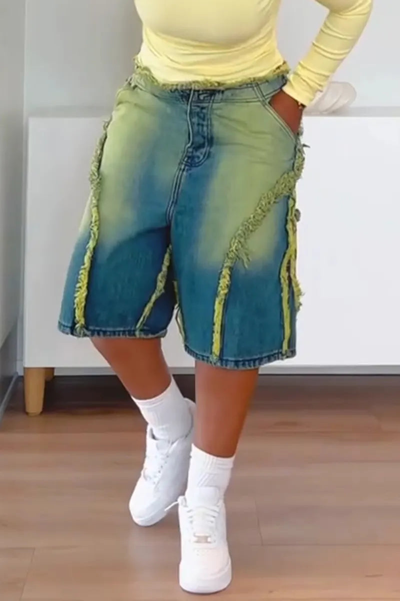 Women Vintage Gradient Washed Patchwork Casual Denim Five Quarter Pants