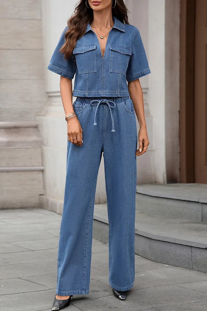 Women's Distressed Denim Cropped Vest + Tailored Jeans Sets