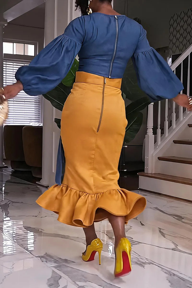 Women's Elegant Puff Sleeve Denim Top or Pencil Mermaid Skirt