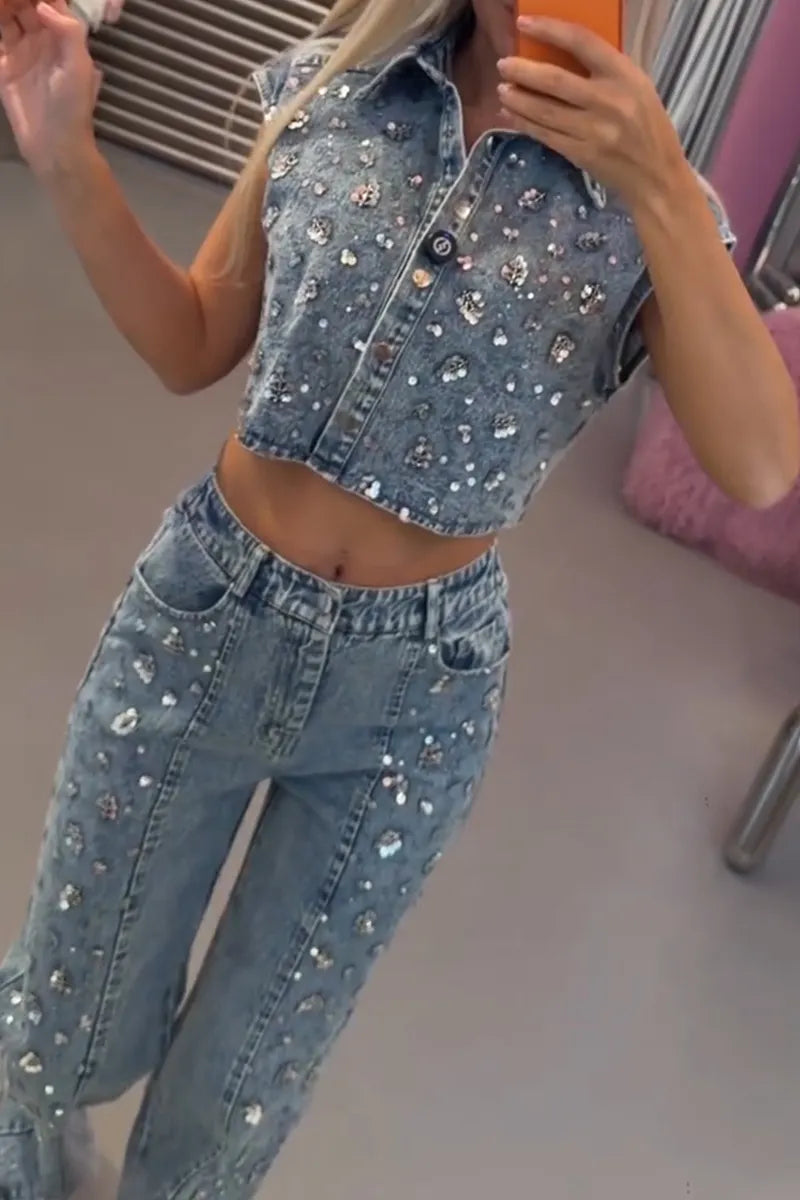 Women's Fashion Sparkling Sequin Rhinestone Denim Vest or Jeans