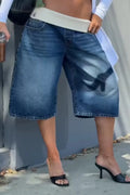 Women's Printed Loose Fit Cropped Denim Shorts With Contrast Waistband