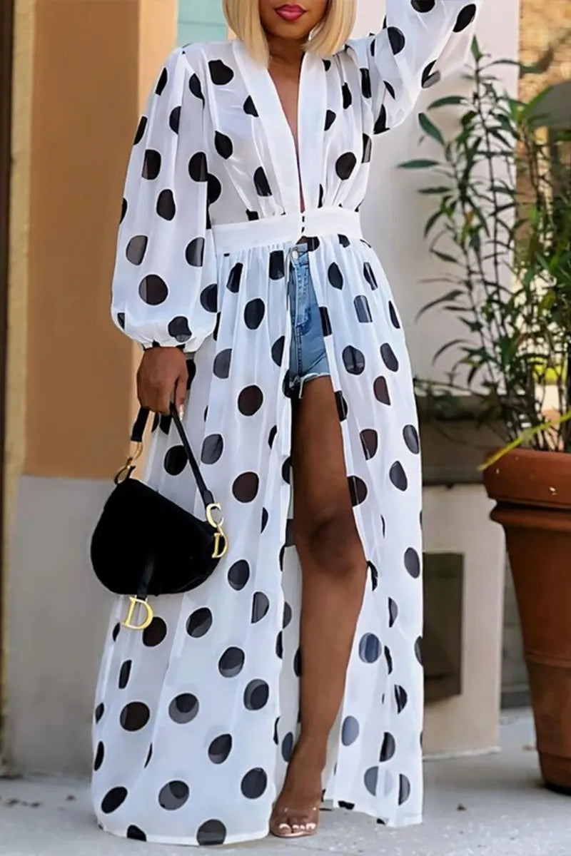 Women's Sheer Polka Dot Chiffon Duster with Open Front & Belted Waist