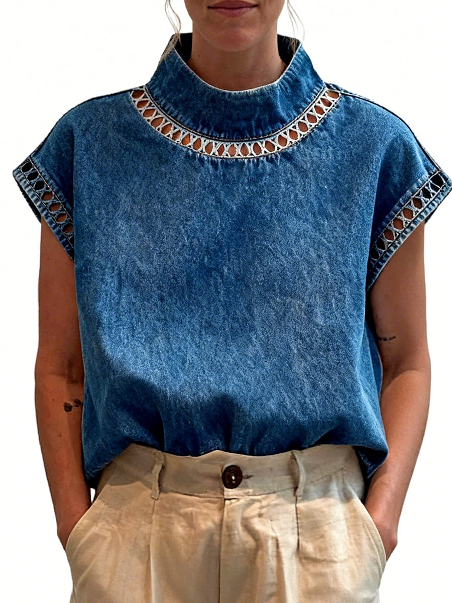 Women's Solid Color Hollowed-out High-neck Casual Denim Shirt