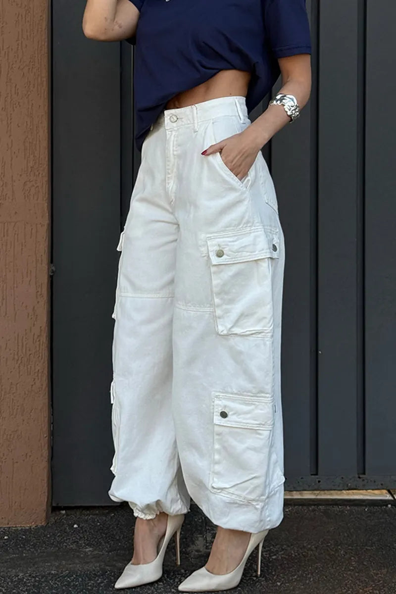 Women's Utility Pocket Solid Cinched-Hem Casual Denim Cargo Pants
