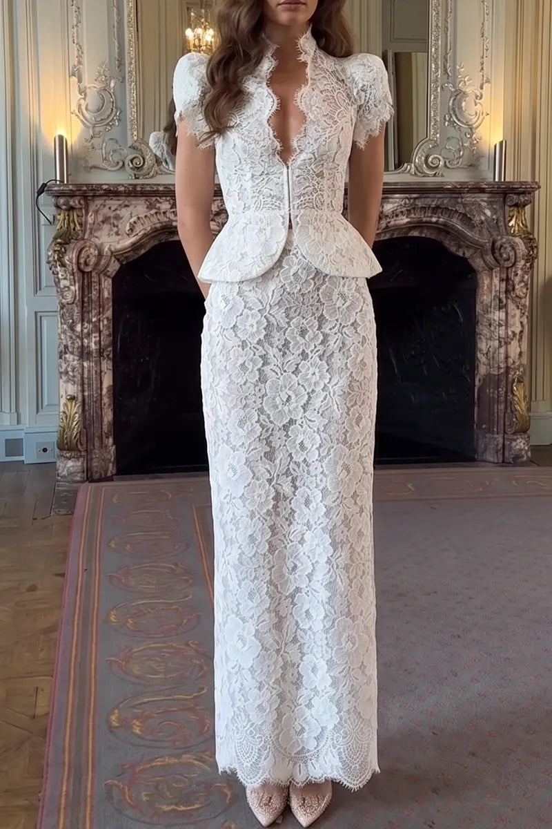 Women's Elegant Lace V-Neck Slim Top or Long Skirt