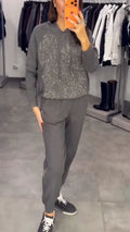 Womens Round Neck Hooded Drawstring Rhinestone Hoodie + Pants Casual Set