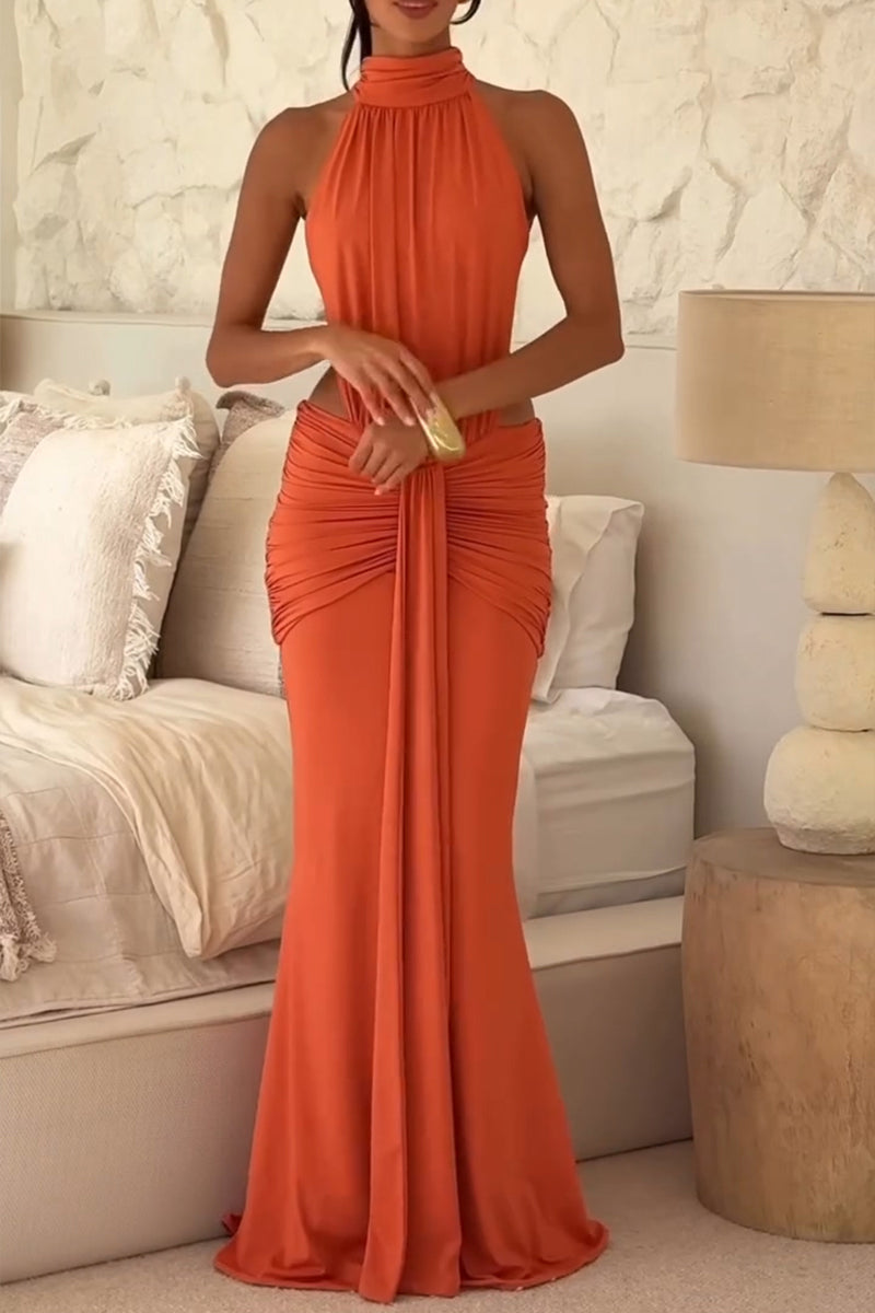 Women's Fashion Backless Pleated Hem Maxi Dress